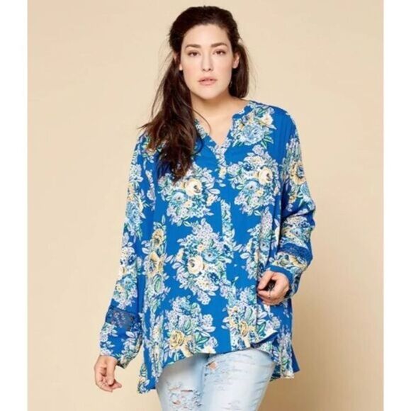 NEW ODDY blue floral crochet button front flowy tunic top sz 3X boho cottage lac - Picture 4 of 11